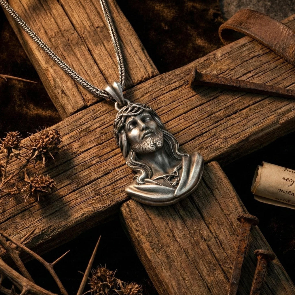 Antik Gümüş İsa Büstü Kolye Hristiyan Dini Madalyon Takı