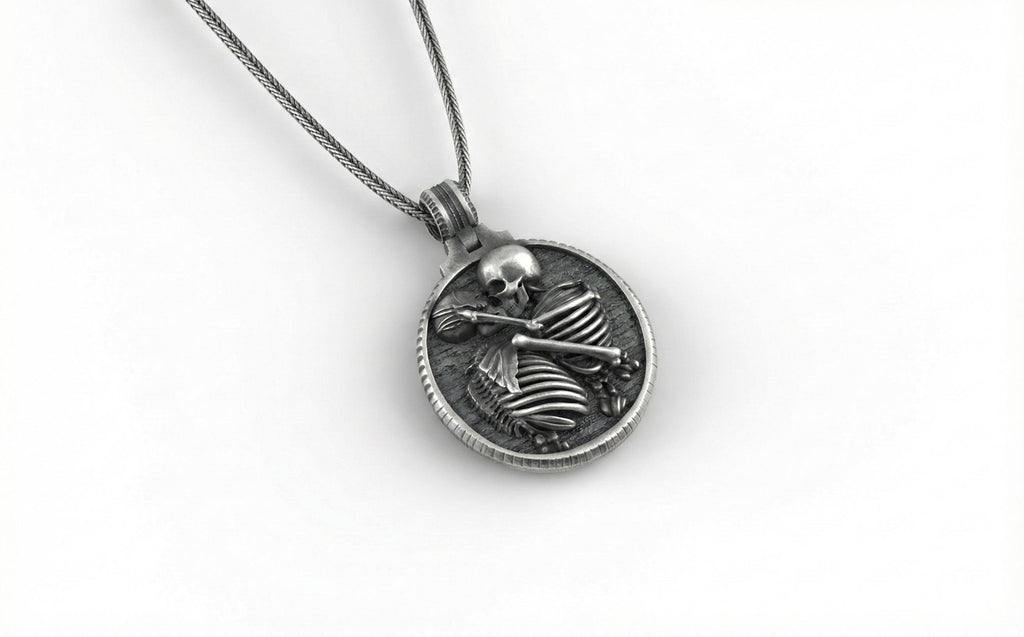 Gümüş Sarılan İskelet Çift Kolye Gotik Takı