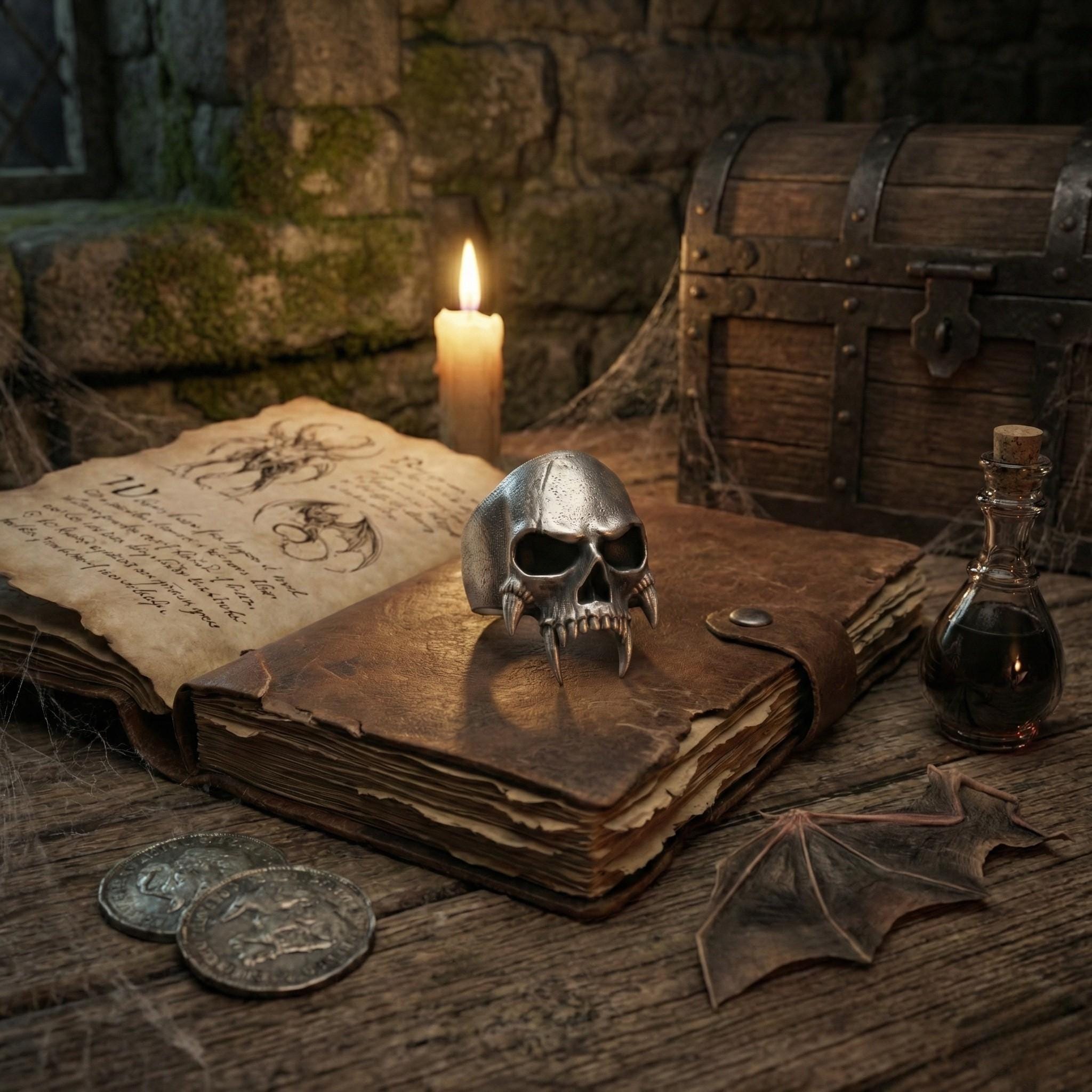 an open book with a skull ring resting on top of it, surrounded by various objects such as a candle, coins, and a wooden chest.