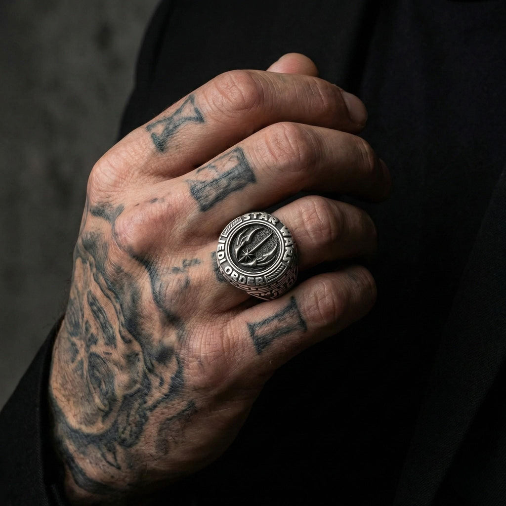 A close-up of a person's hand wearing a large, ornate ring with a Star Wars-themed design.