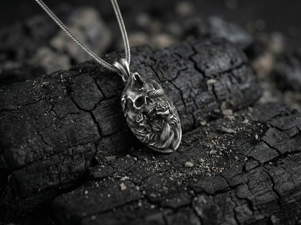 Gümüş Yılan Ve Kafatası Kolye Gotik Tak