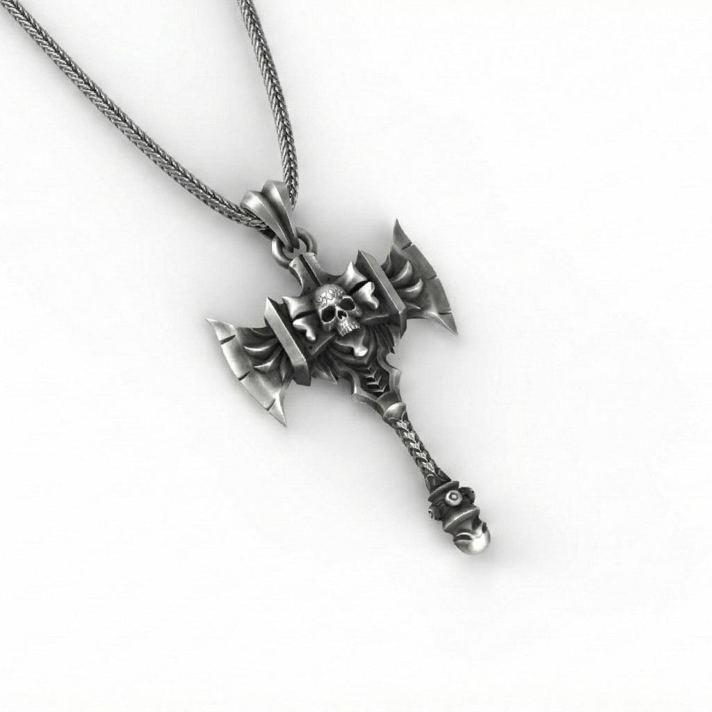 Savaş Baltası Kolye Ucu Oksitlenmiş Gümüş Kafatası Savaşçı Temalı Takı