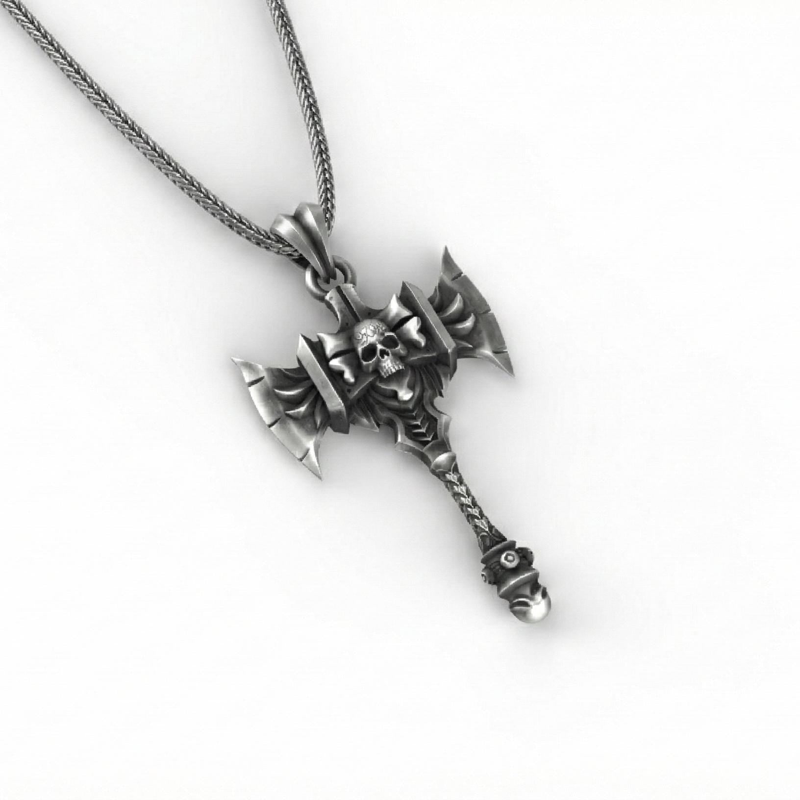 Savaş Baltası Kolye Ucu Oksitlenmiş Gümüş Kafatası Savaşçı Temalı Takı