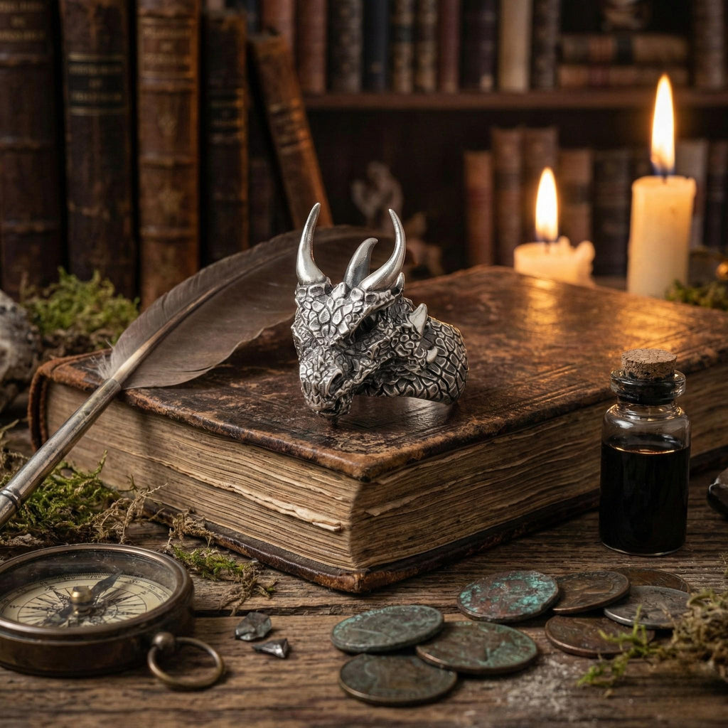 a silver dragon head ring resting on an old book, surrounded by various objects such as a compass, coins, and a candle.