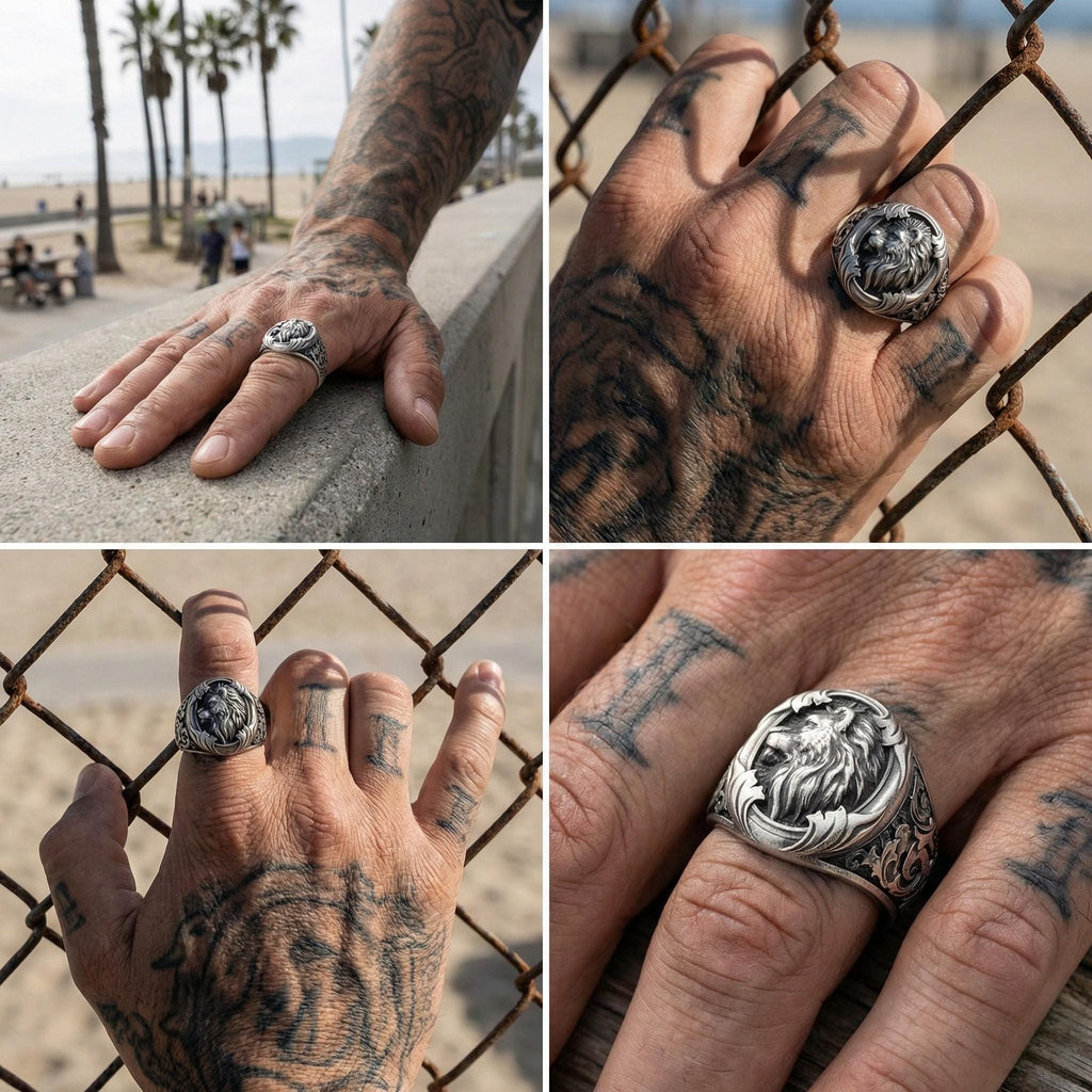 The image is a collage of four photos showing a person's hand with tattoos and a silver ring on the finger.