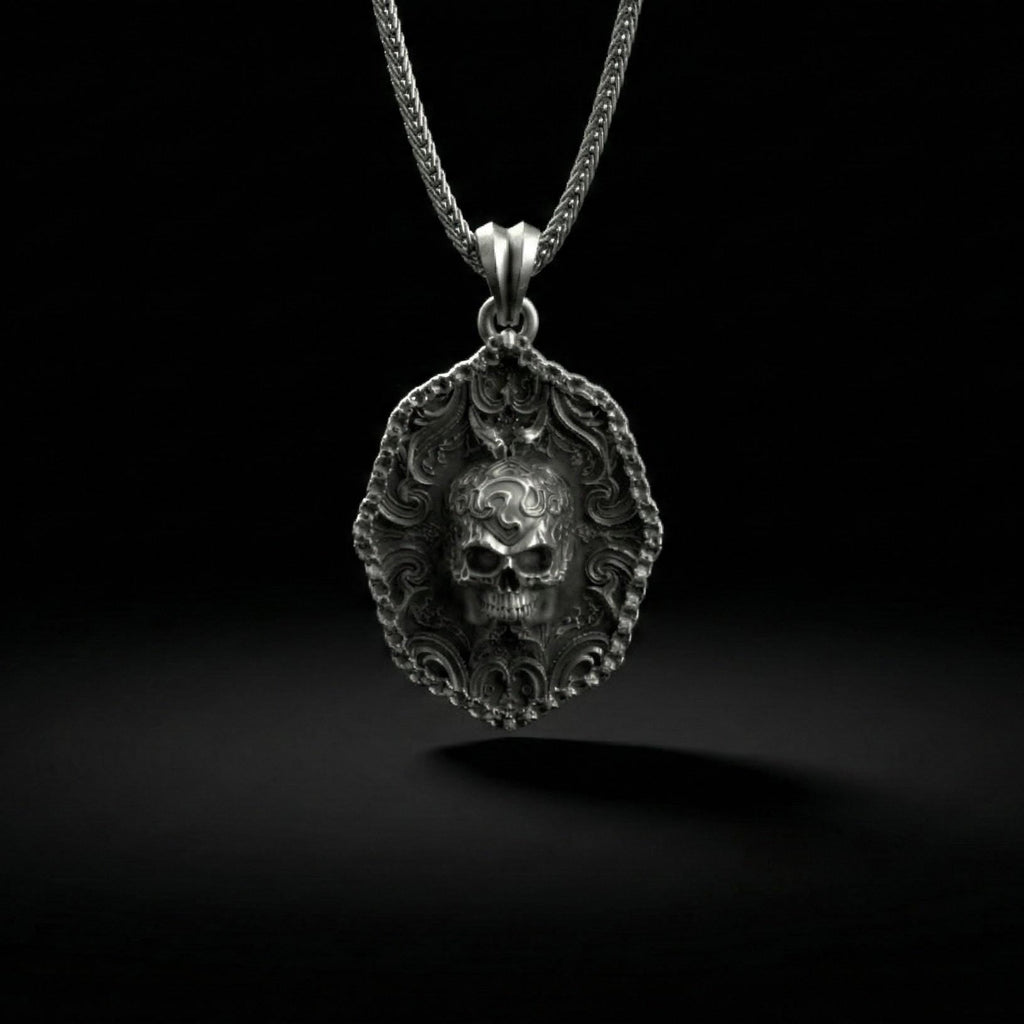 Süslemeli Kafatası Kolye Ucu Oksitlenmiş Gümüş Gotik Tarzı Gösterişli Takı