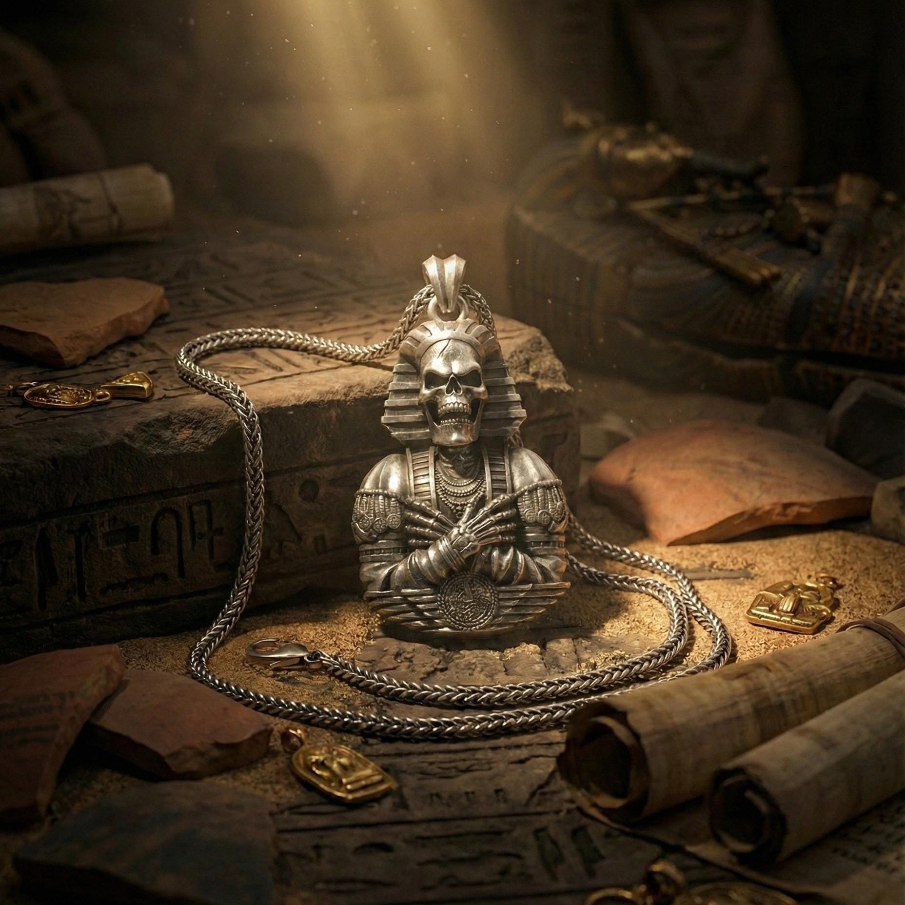 Mısır Kafatası Firavun Gümüş  Kolye