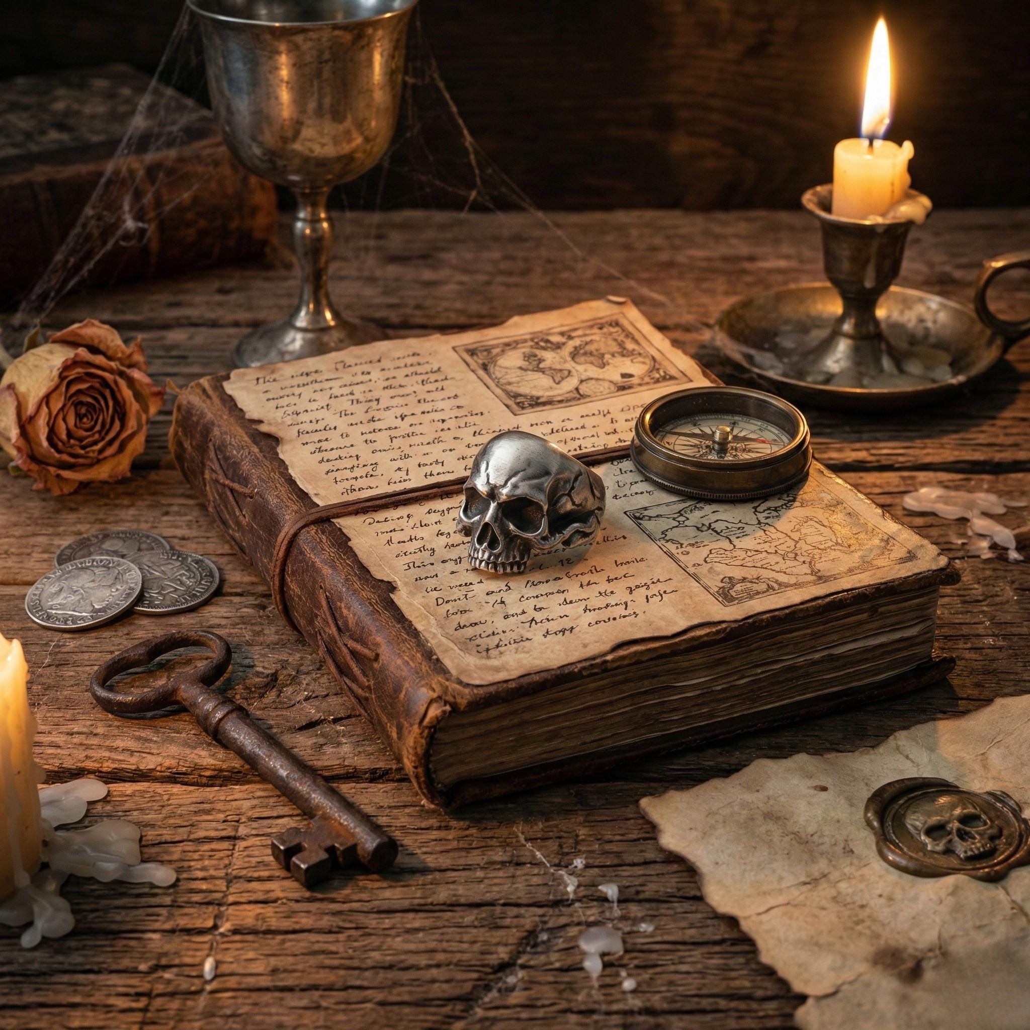 an old leather-bound book with a skull ring on top, surrounded by various antique items such as a candle, a key, and coins, all arranged on a wooden surface.