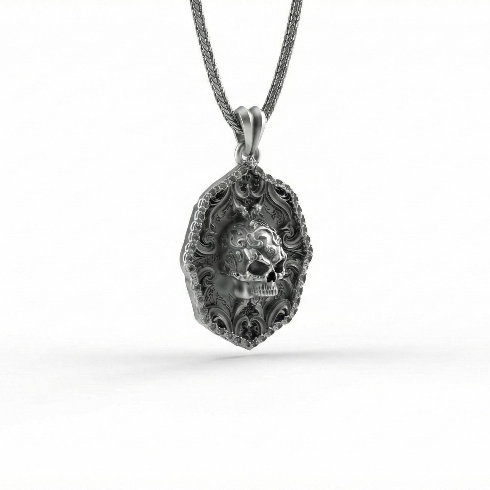 Süslemeli Kafatası Kolye Ucu Oksitlenmiş Gümüş Gotik Tarzı Gösterişli Takı