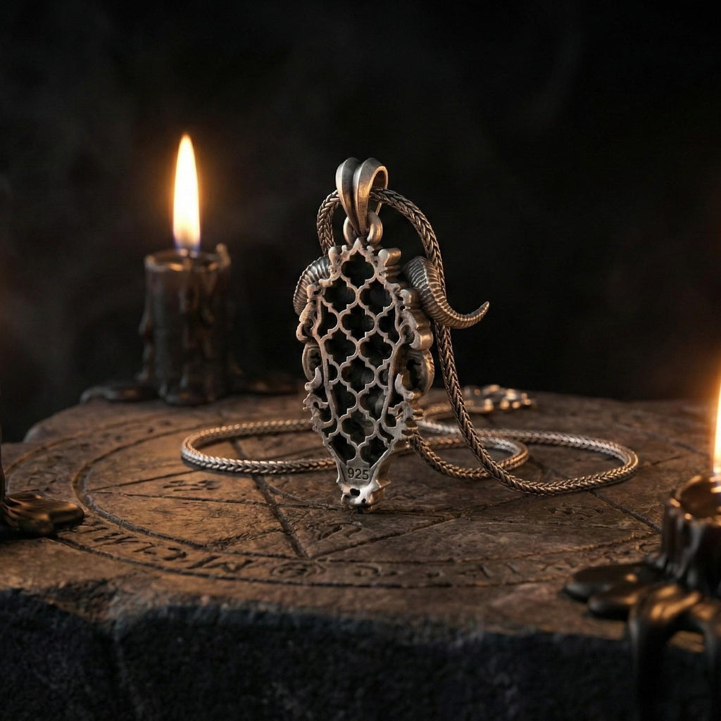 Boynuzlu Şeytan Kafatası Gümüş Kolye