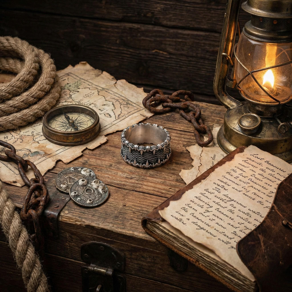an old wooden chest with various antique items, including a compass, a lantern, a book, and a ring, all arranged on a wooden surface.