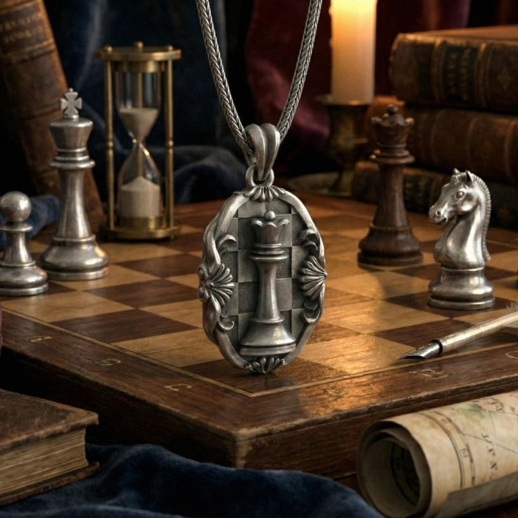 Antik Gümüş Satranç Vezir Kolye Ortaçağ Strateji Sembolü Takı