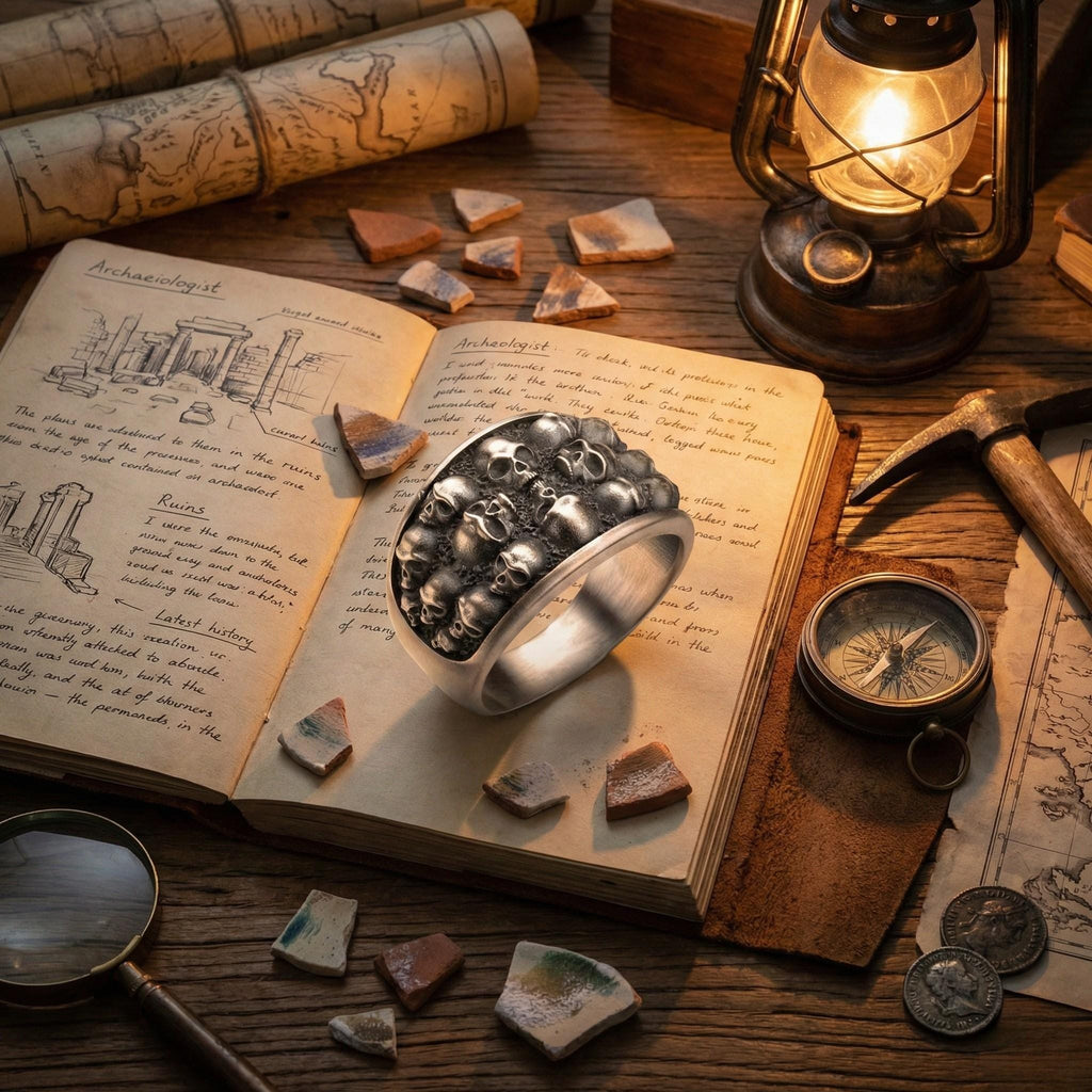 an open book with handwritten notes, a silver ring with skulls on it, a lantern, a magnifying glass, and various other objects on a wooden surface.