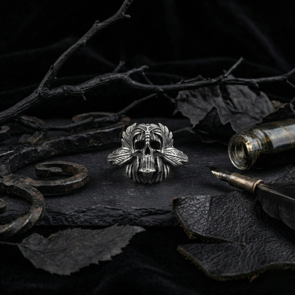 a silver ring with a skull design, surrounded by various dark objects such as leaves, a bottle, and a pen.