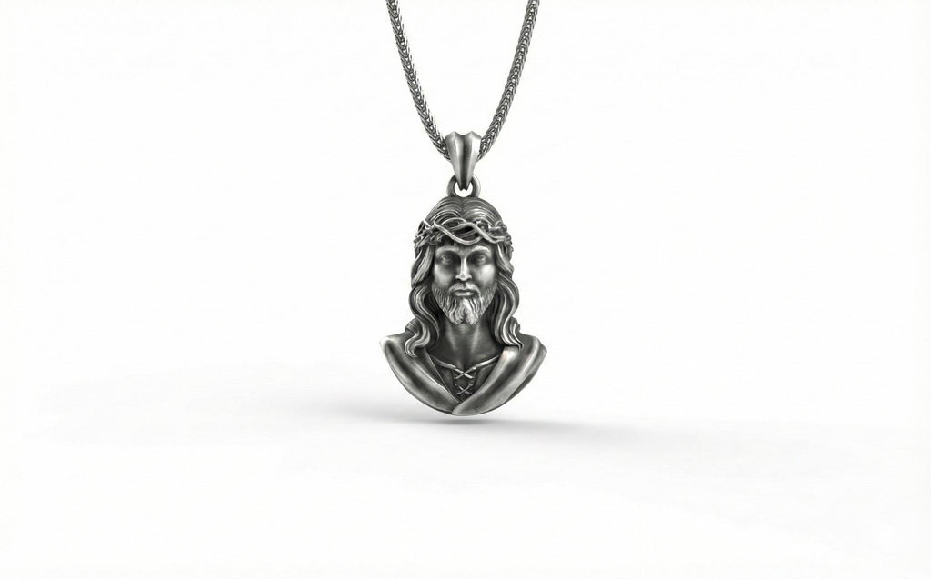 Antik Gümüş İsa Büstü Kolye Hristiyan Dini Madalyon Takı