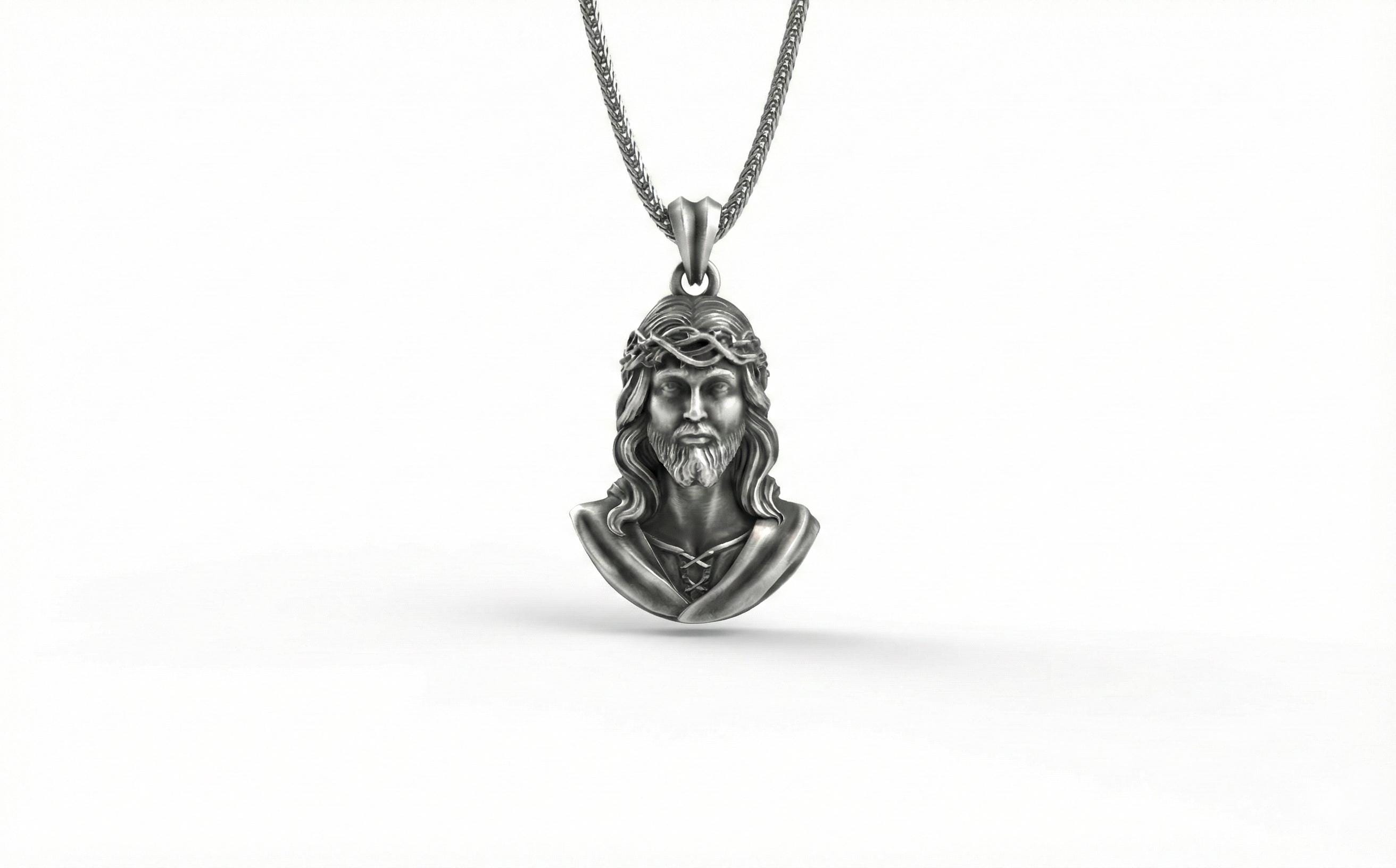 Antik Gümüş İsa Büstü Kolye Hristiyan Dini Madalyon Takı