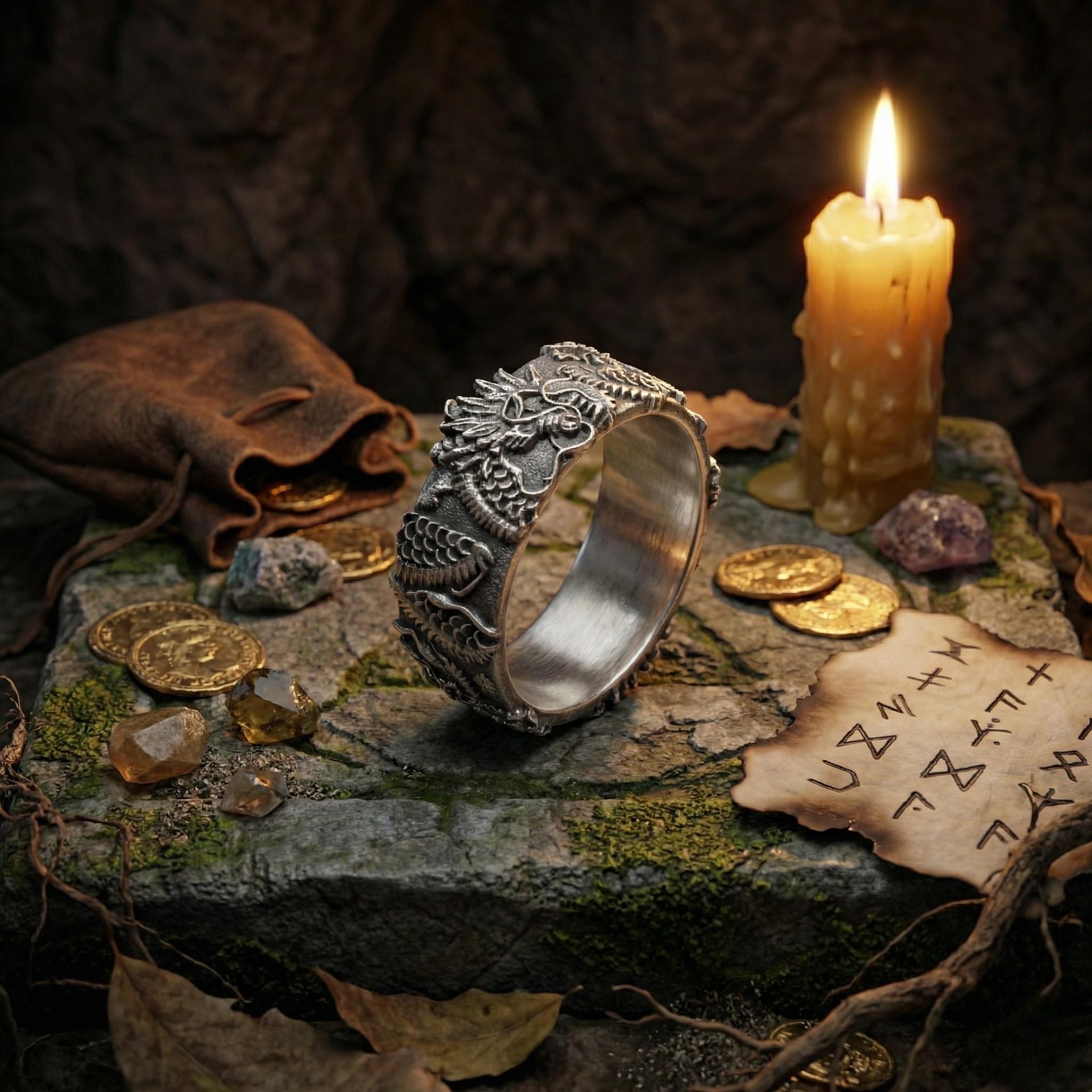 a silver ring with a dragon design, surrounded by various objects such as coins, a candle, and a piece of paper with mysterious symbols or text on it, all set against a dark, rocky background.
