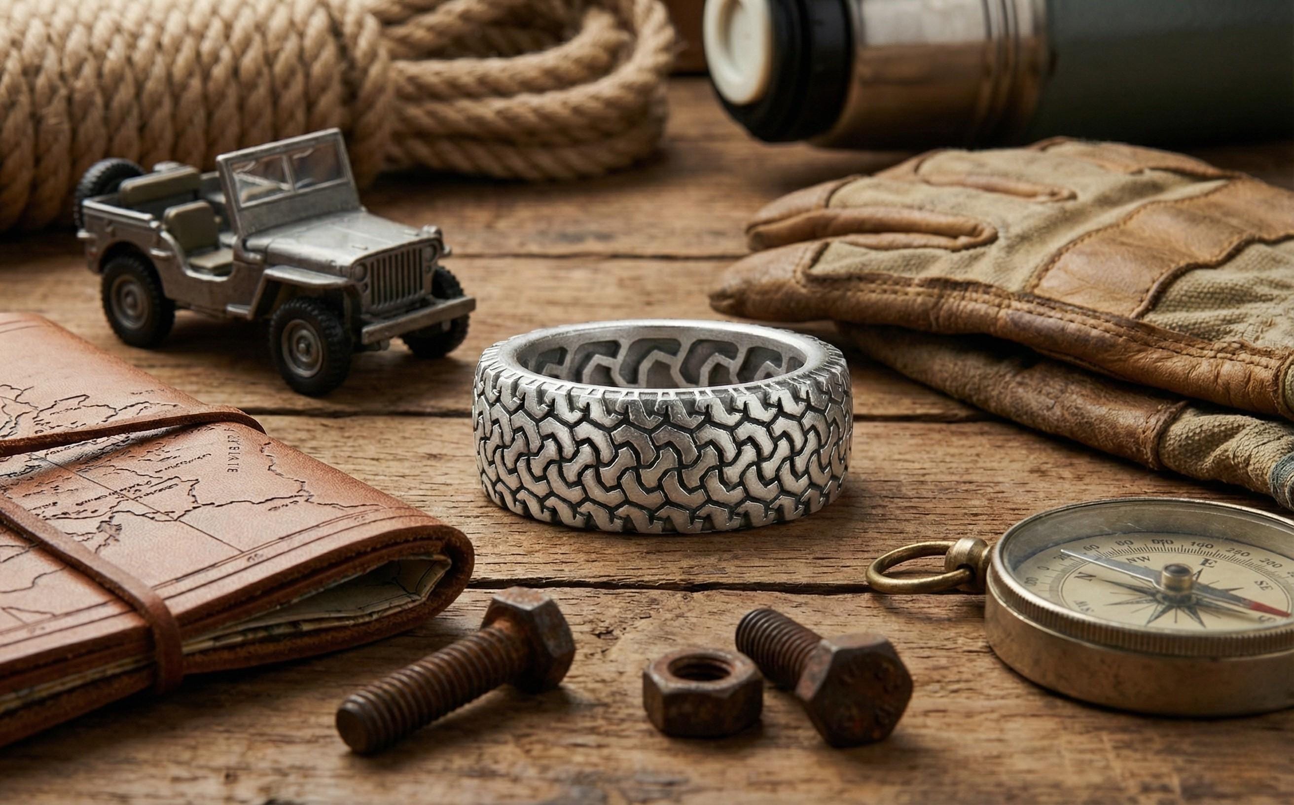 Unisex Gümüş Lastik Desenli Yüzük