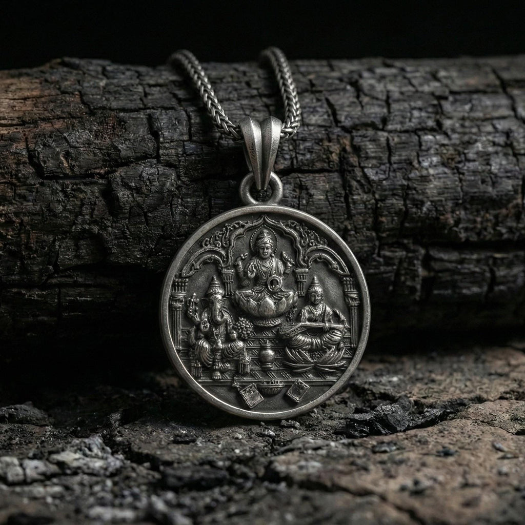 Lakshmi Ganesh Saraswati Kolyesi Oksitlenmiş Gümüş Hindu Takısı