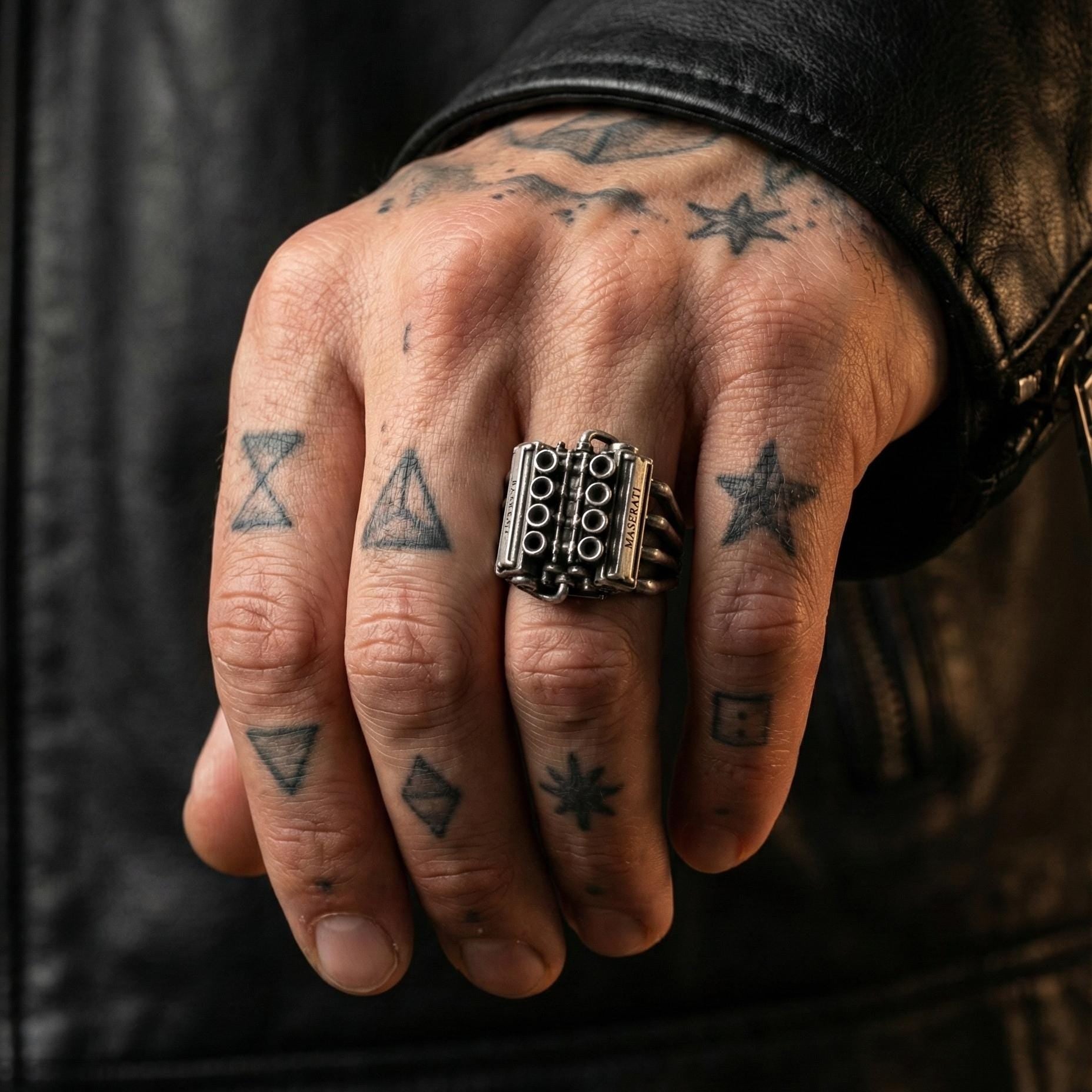 A close-up of a person's hand with multiple tattoos on the fingers and a large ring on one of the fingers.
