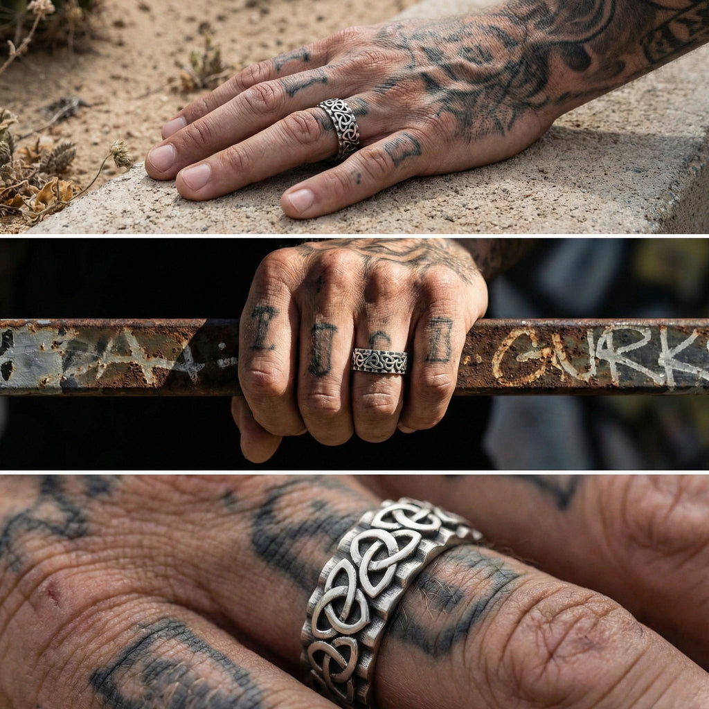 A collage of three close-up images showing a person's hands with tattoos, a ring on one hand, and a close-up of a metal bar with graffiti on it.