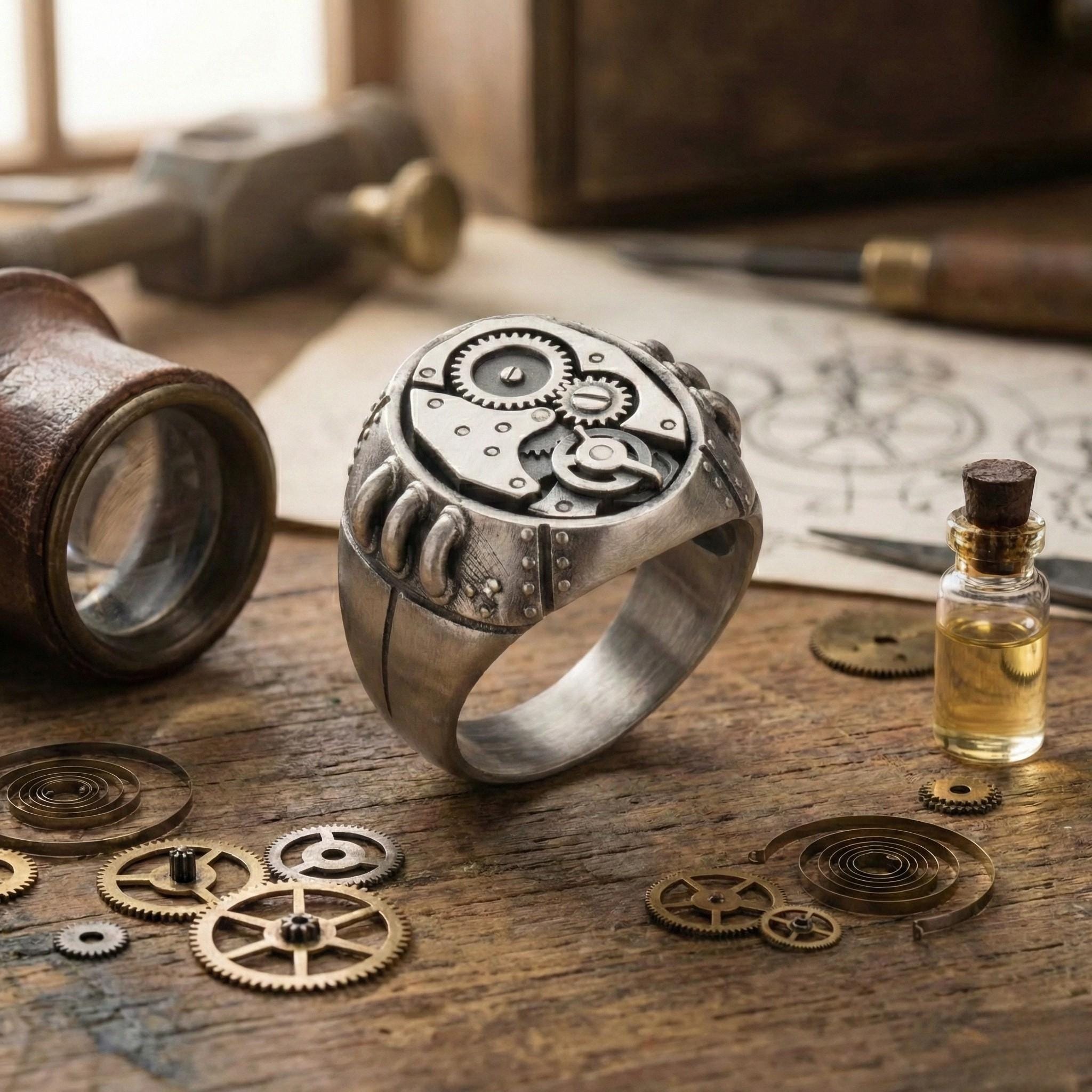 a silver ring with intricate gears and mechanisms, surrounded by various mechanical parts and tools, such as a magnifying glass, a bottle, and a set of gears, all arranged on a wooden surface.