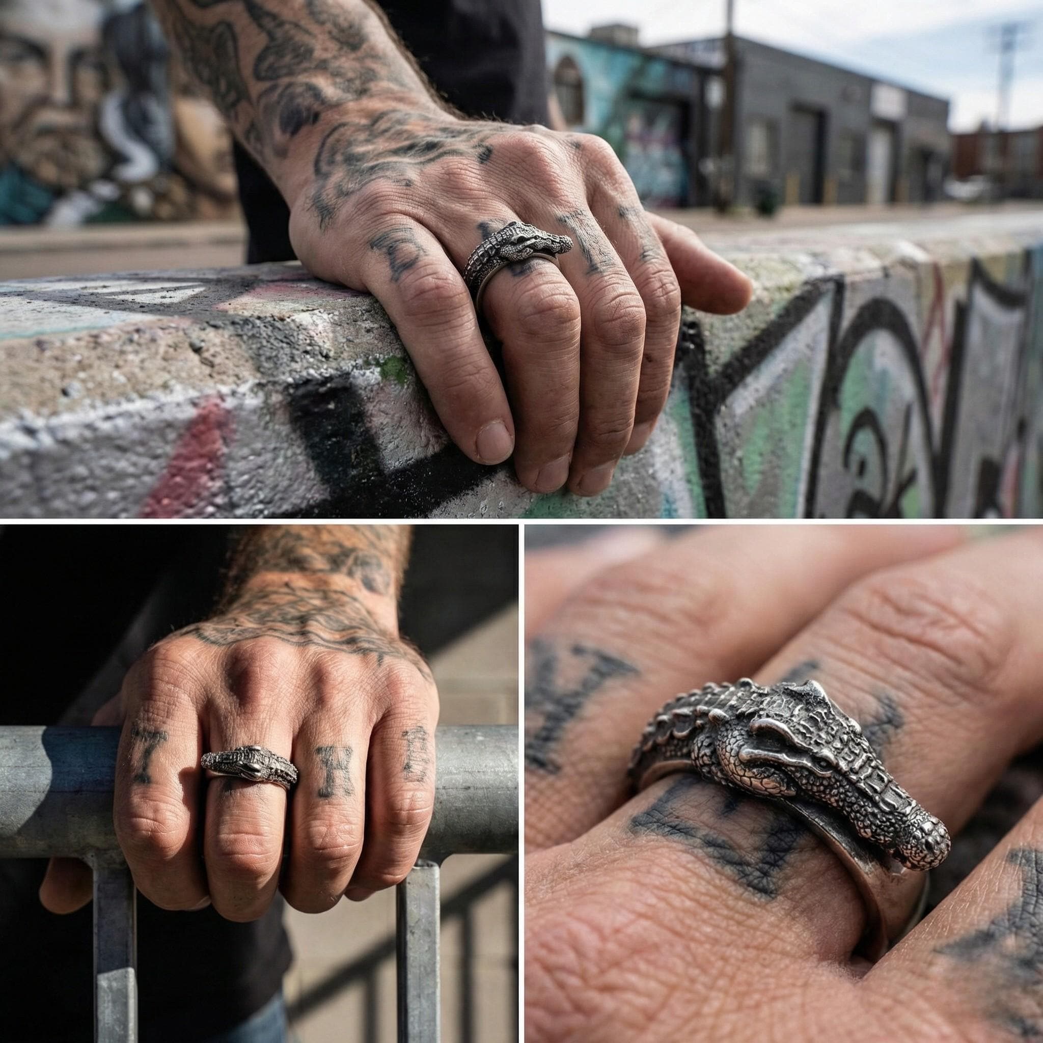 A close-up of a person's hand wearing a ring with a crocodile head design, with a graffiti-covered wall in the background.