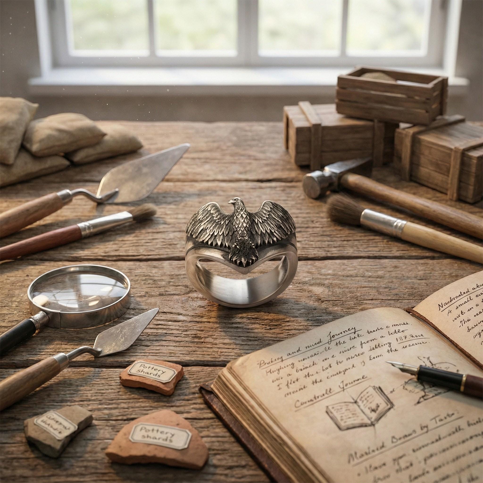 a collection of antique tools and objects, including a magnifying glass, a ring with an eagle design, and an open book with handwritten text.