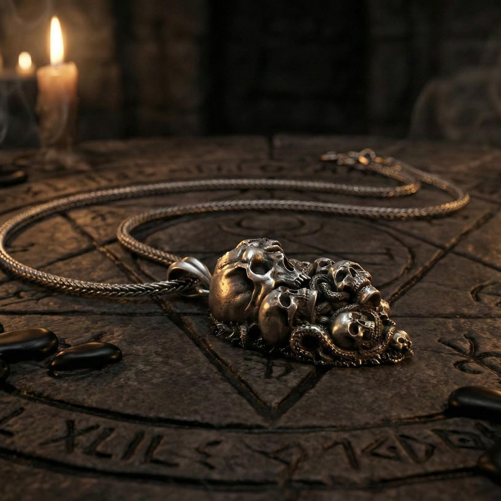 Gotik Kafatası Ve Yılan Temalı Gümüş Kolye