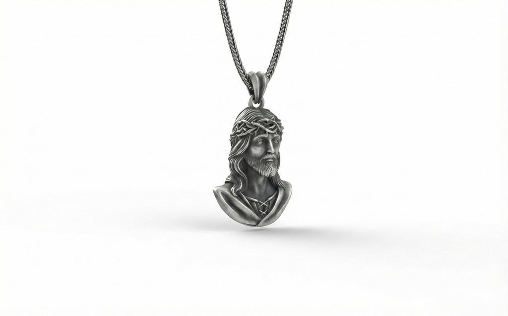 Antik Gümüş İsa Büstü Kolye Hristiyan Dini Madalyon Takı