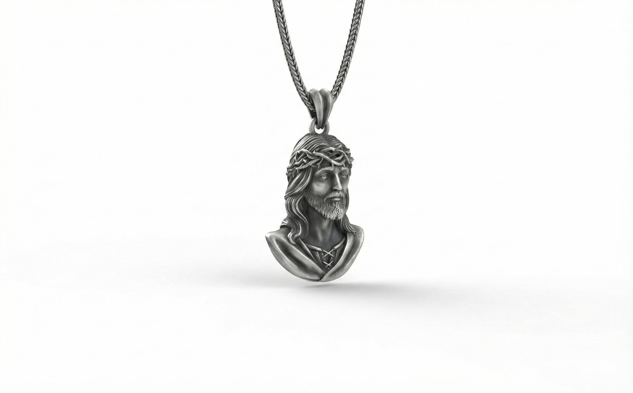 Antik Gümüş İsa Büstü Kolye Hristiyan Dini Madalyon Takı