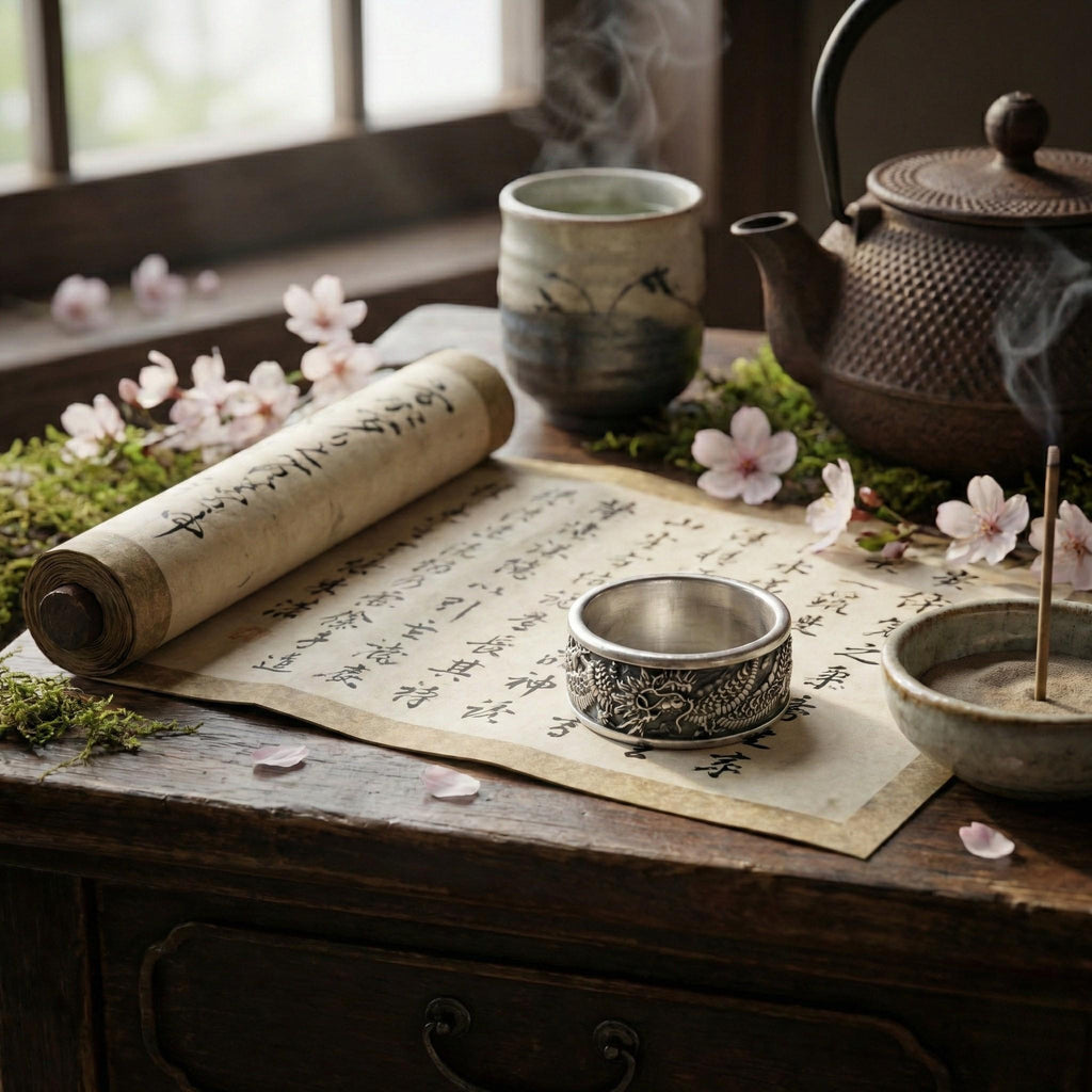 a wooden table with various objects, including a scroll, a teapot, a bowl, and a ring. The scroll has Chinese characters on it, and there are pink flowers and a candle nearby. The objects are arranged in a way that suggests a contemplative or meditative setting.