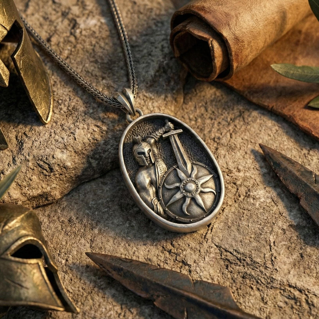 Roma Gladyatör Kolye Ucu Oksitlenmiş Gümüş Savaşçı Kalkanı Şeklinde Takı