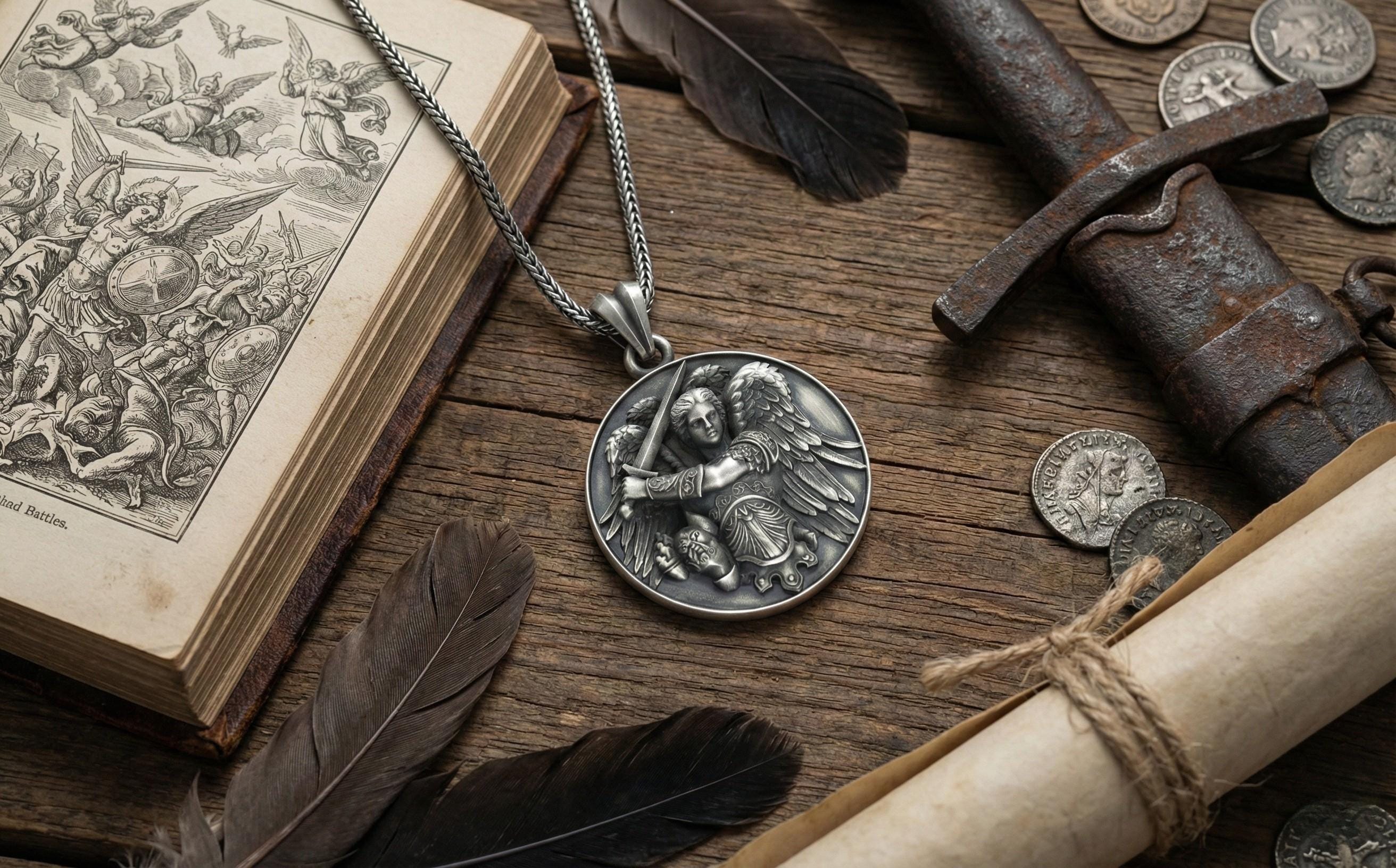 Başmelek Mikail Kolye Antik Gümüş Aziz Mikail Madalyası