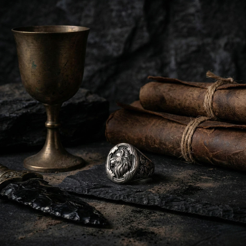 a ring with a lion design, a metal cup, a scroll, a book, and a stone or rock, all arranged on a dark surface.