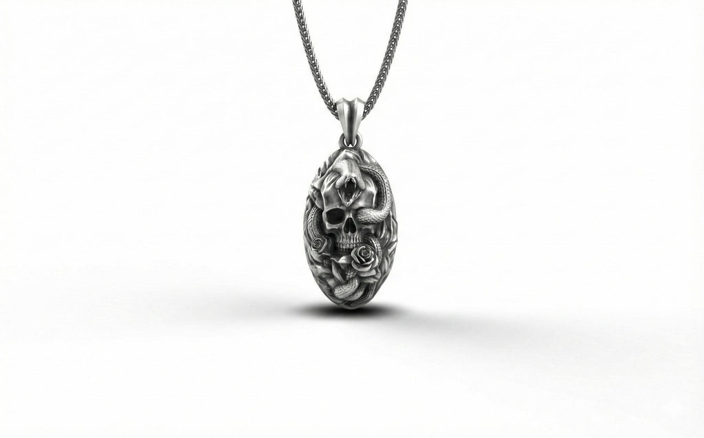 Gümüş Yılan Ve Kafatası Kolye Gotik Tak
