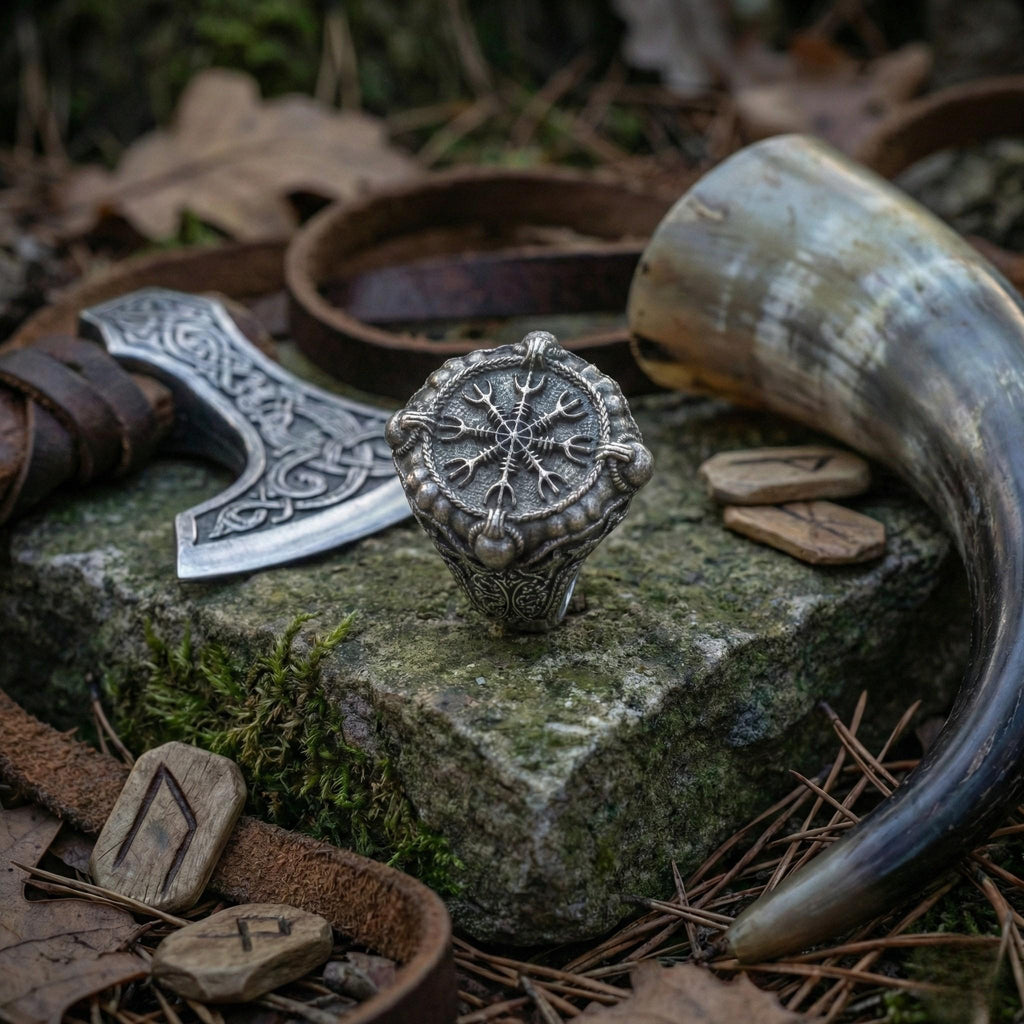 a ring with a compass design, surrounded by various Viking-inspired objects such as a horn, a sword, and a shield, all set against a natural, forest-like background.