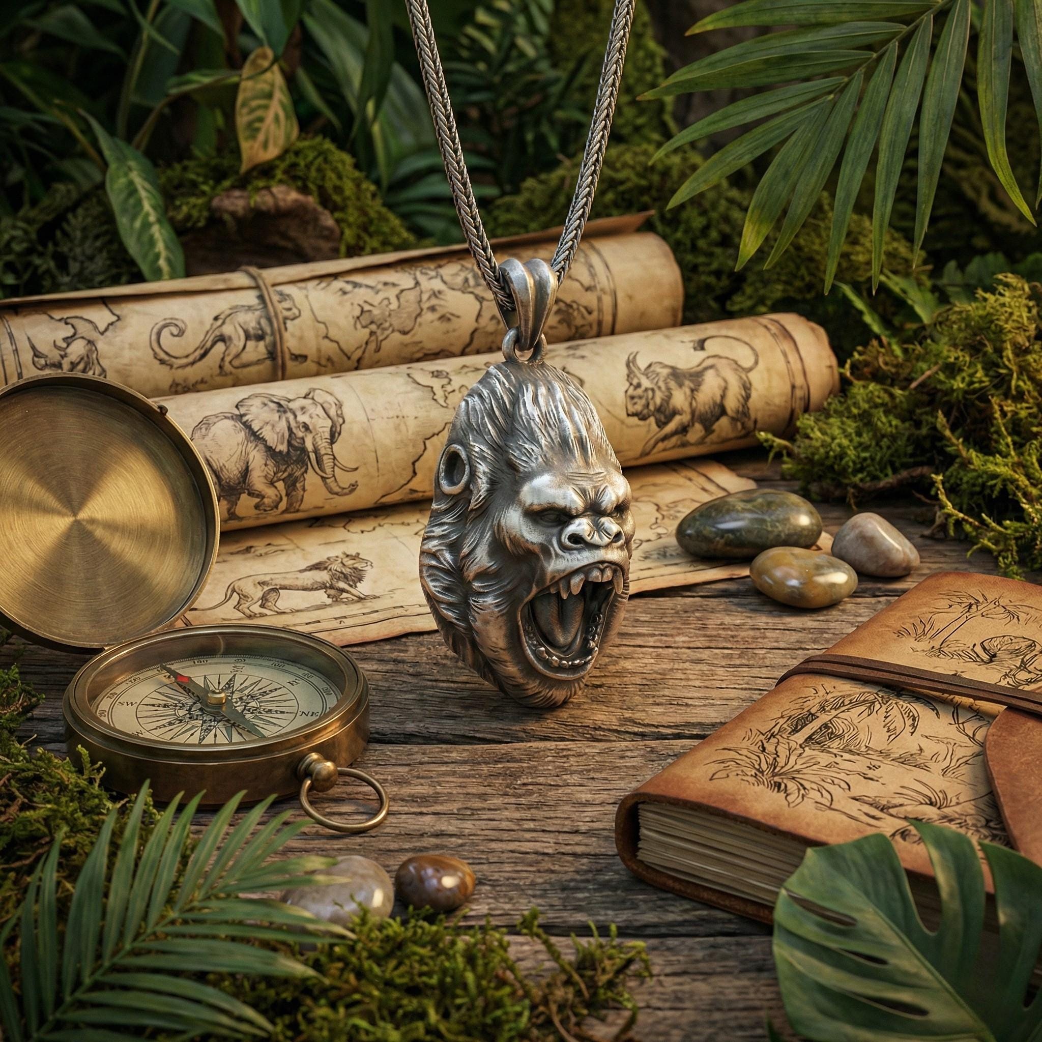 Oksitlenmiş Gümüş Goril Kafası Kolye