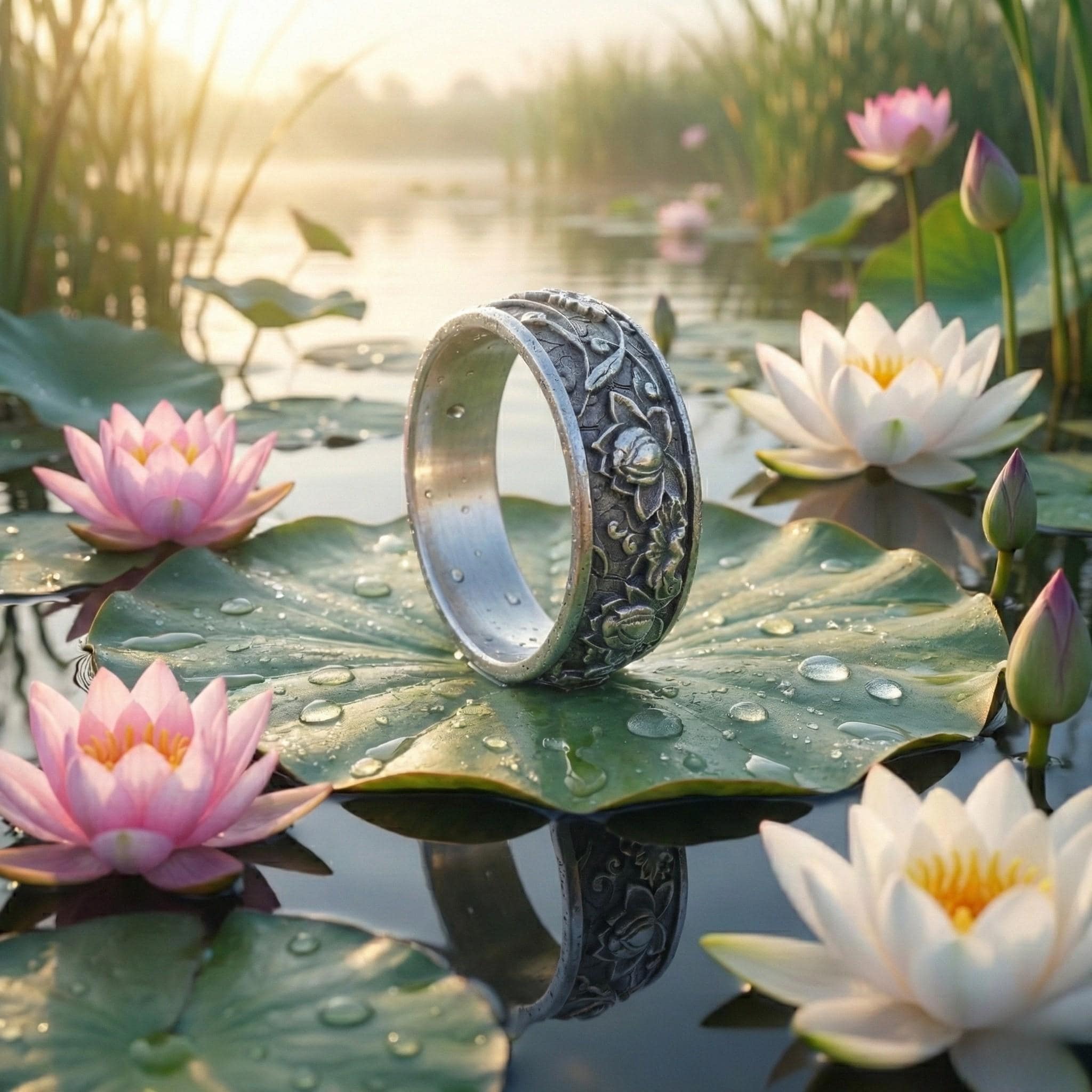 A silver ring with a floral design sits on a lily pad surrounded by pink water lilies and white water lilies, with a serene body of water and a sunrise or sunset in the background.