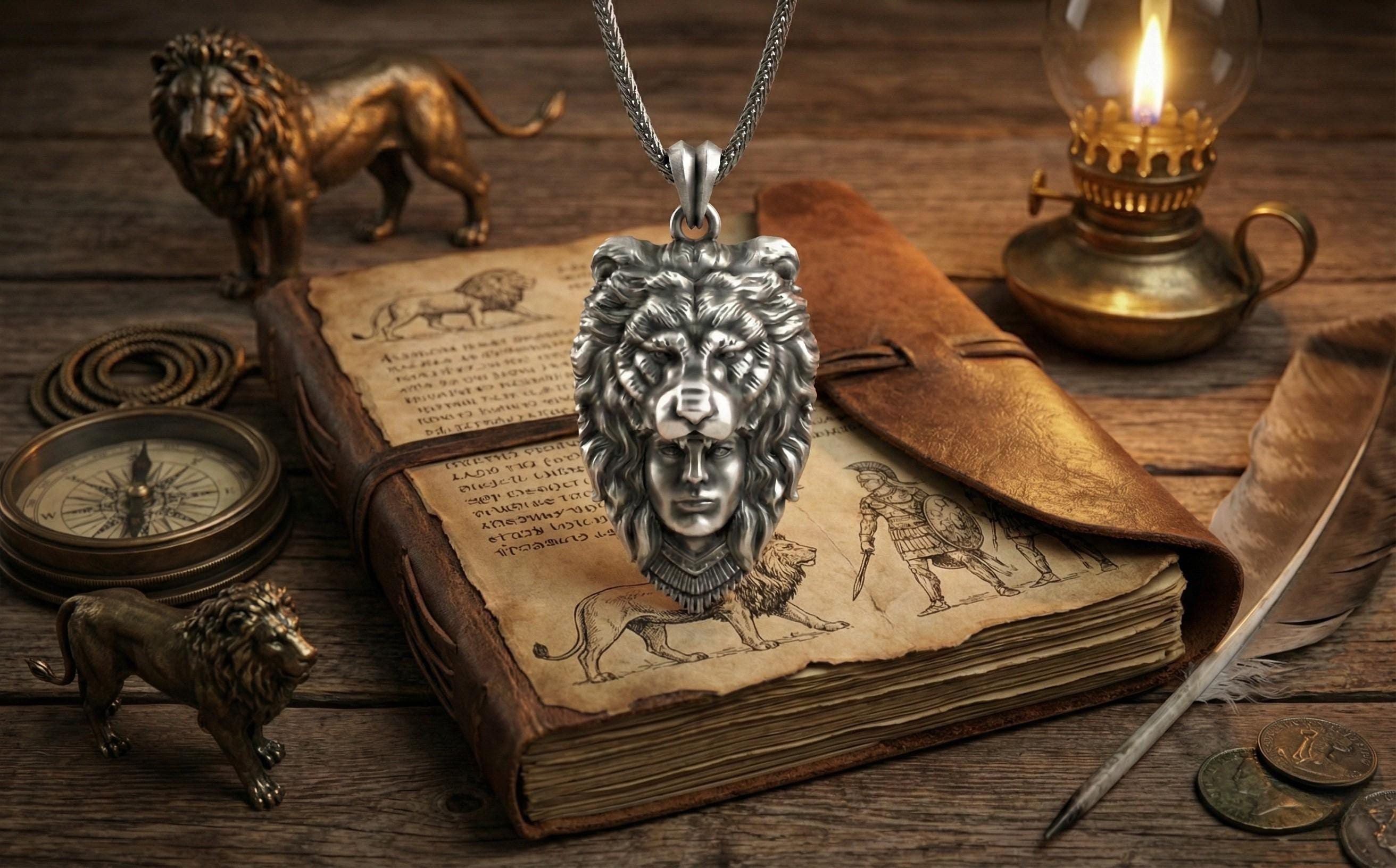 Aslan Başı Takan Avcı Kolye Gümüş Savaşçı Temalı Takı