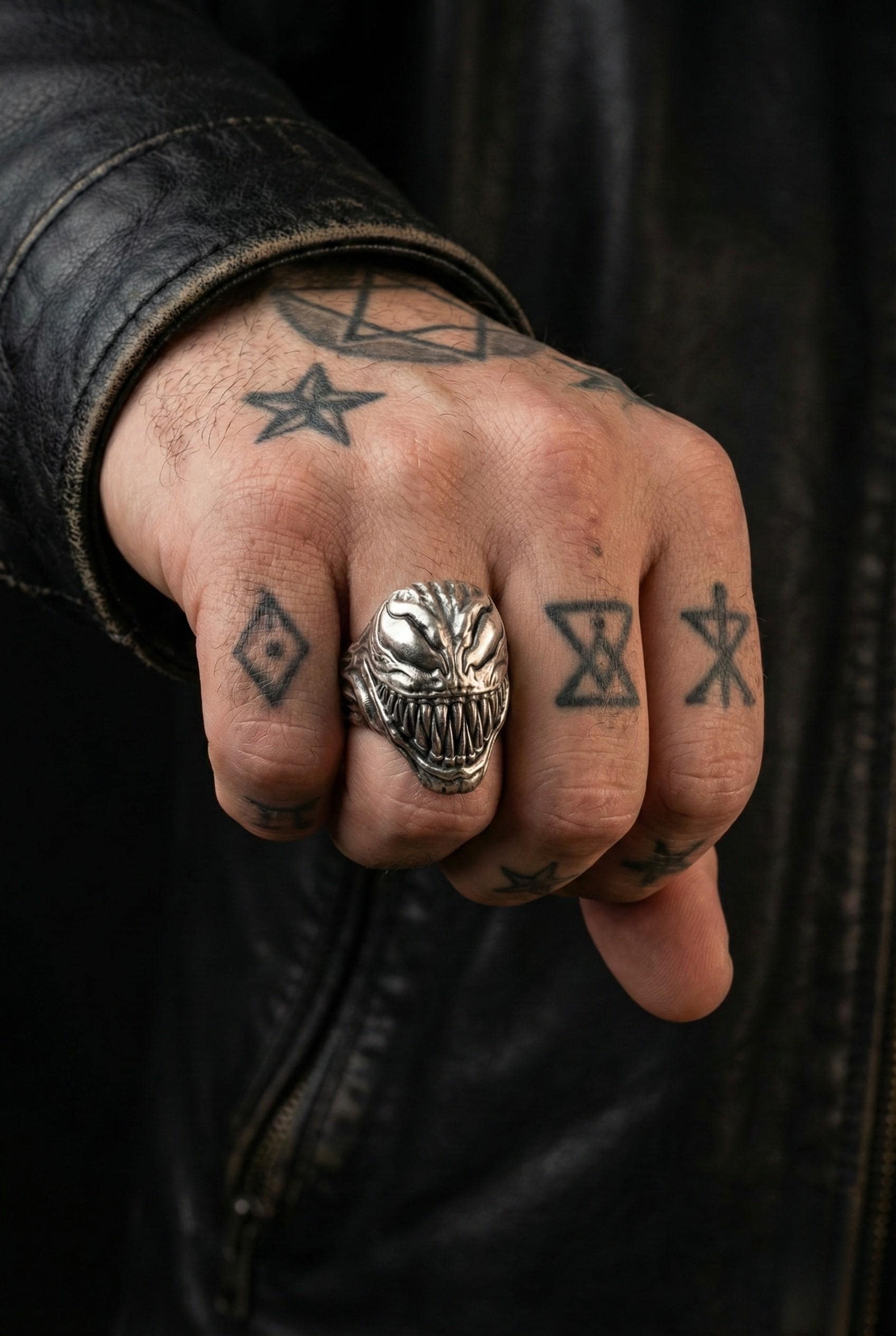 A close-up of a person's hand with a large, ornate ring featuring a skull design on the ring finger. The hand also has several tattoos visible on the fingers.