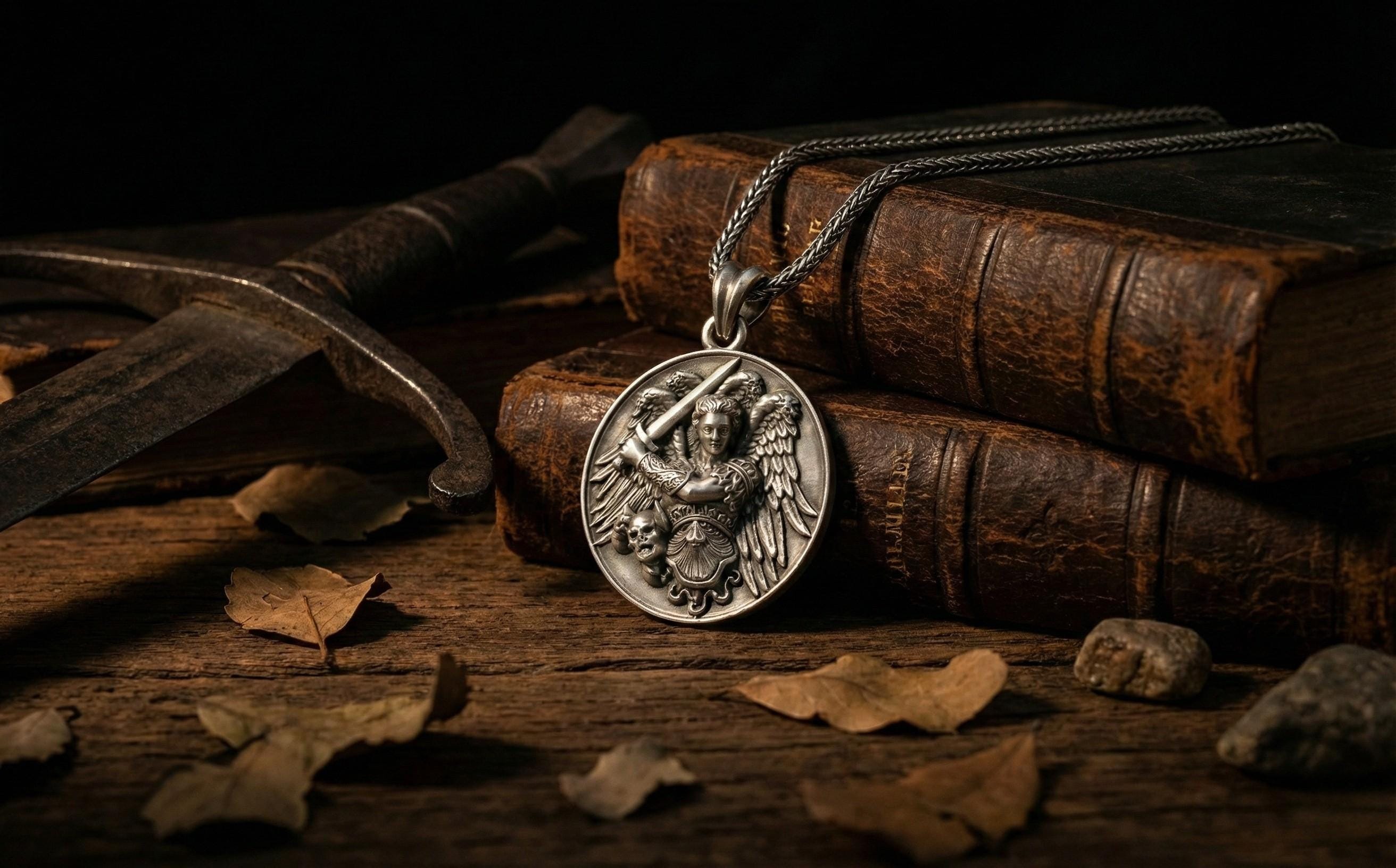 Başmelek Mikail Kolye Antik Gümüş Aziz Mikail Madalyası