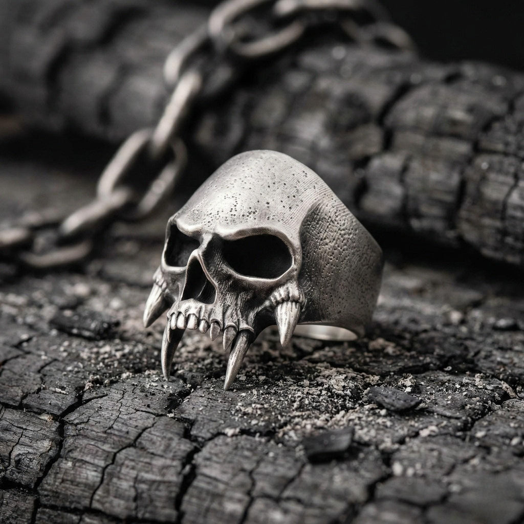 A silver skull ring with sharp teeth is resting on a rough, cracked surface.