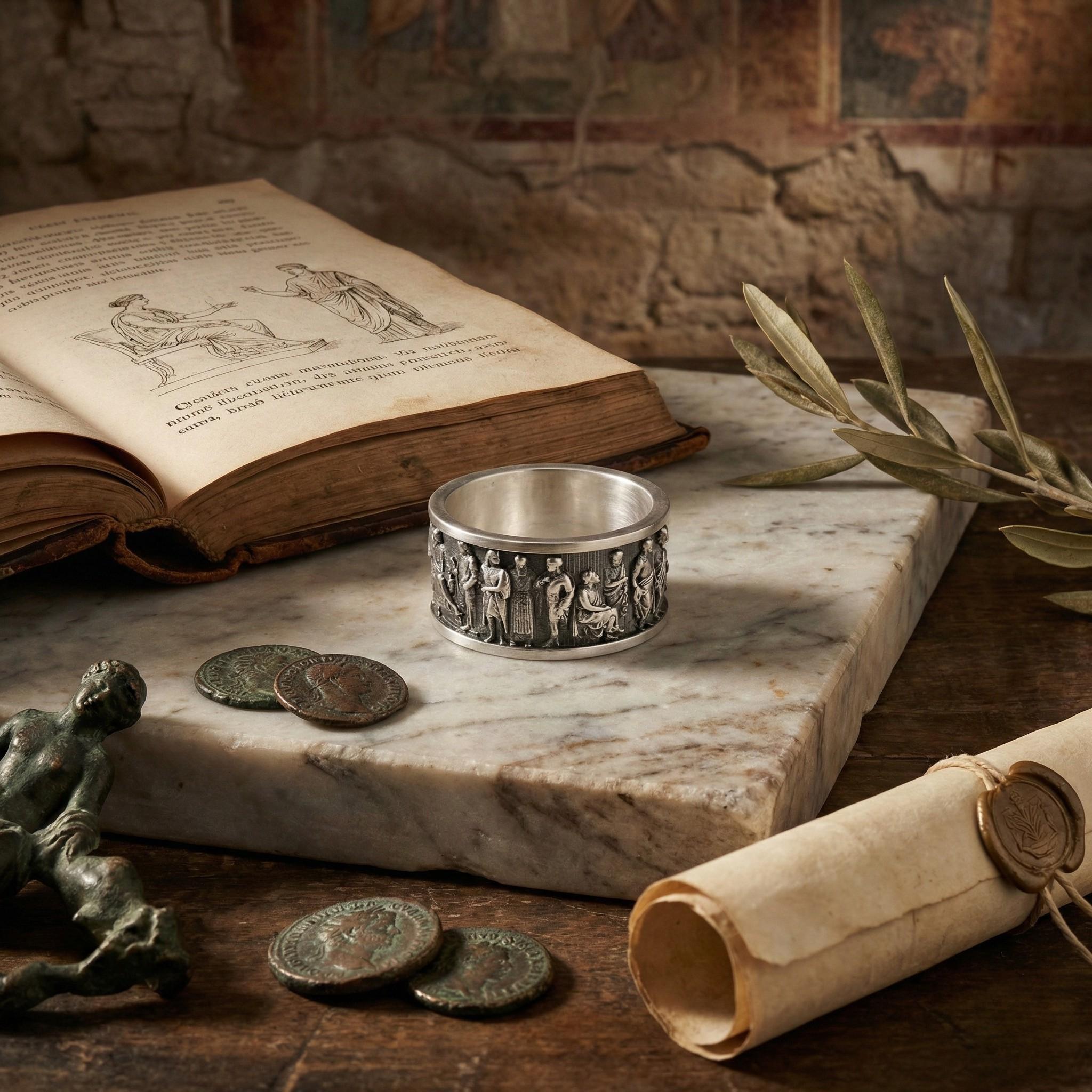 an open book with illustrations of people, a silver ring, coins, a scroll, and a statue on a marble surface.