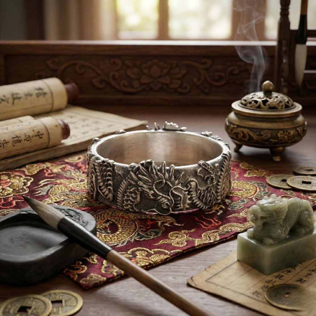 an ornate silver bracelet with intricate designs, a small incense burner, a scroll, a brush, and a small statue of a dragon.