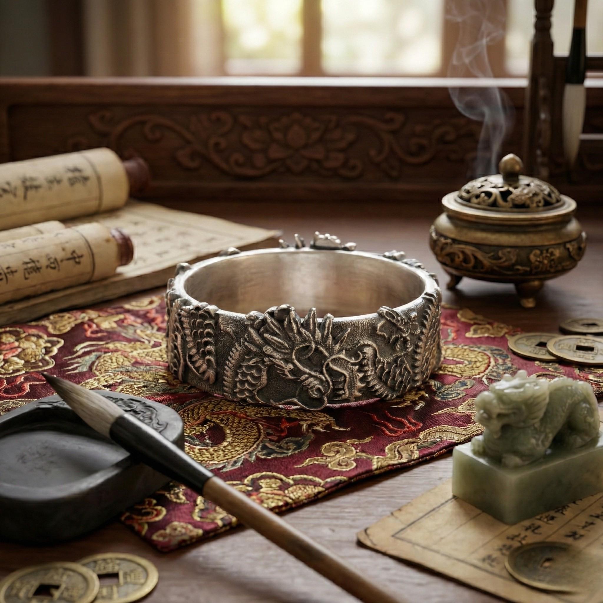an ornate silver bracelet with intricate designs, a small incense burner, a scroll, a brush, and a small statue of a dragon.