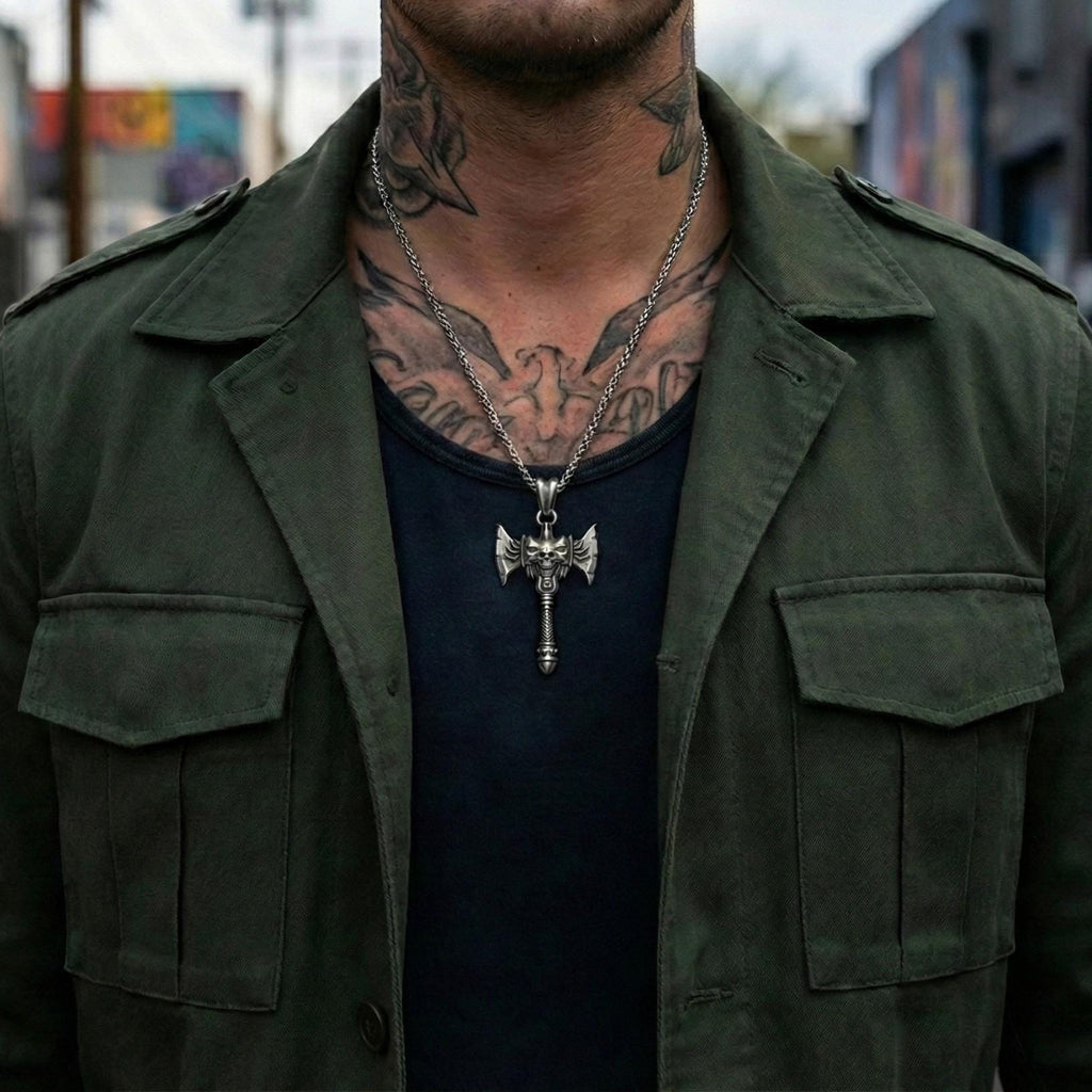 Savaş Baltası Kolye Ucu Oksitlenmiş Gümüş Kafatası Savaşçı Temalı Takı