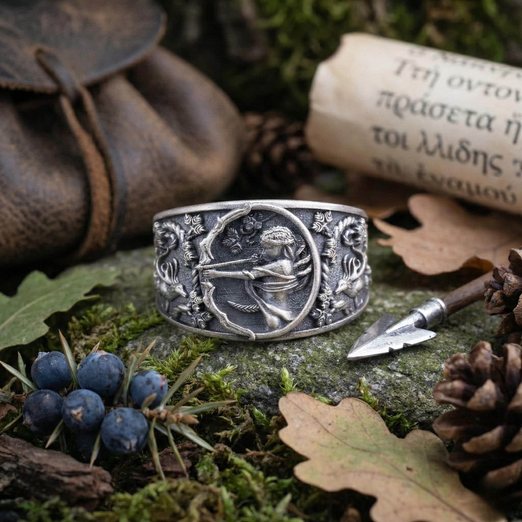 a silver cuff bracelet with an intricate design, surrounded by various natural elements such as pine cones, leaves, and berries.