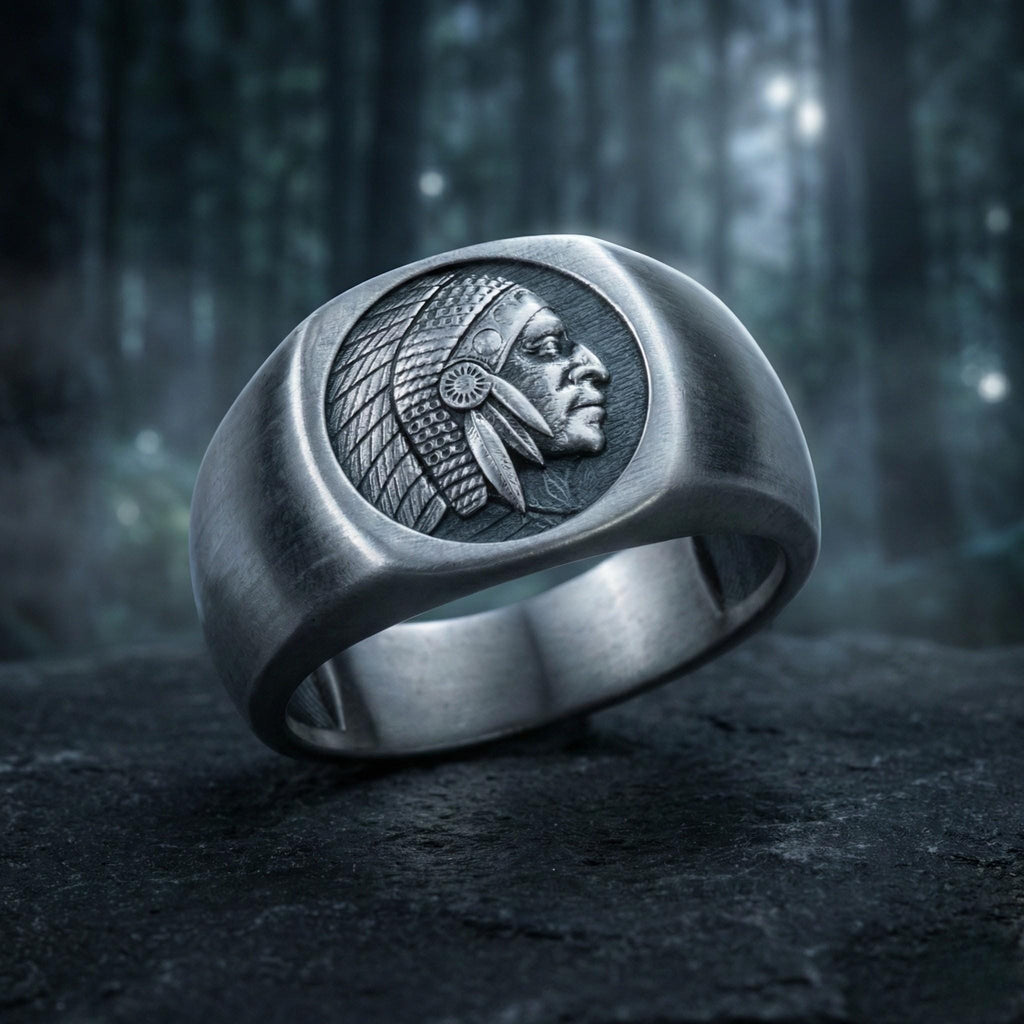 A silver ring with a carved profile of a Native American headdress on it, set against a dark, forested background.