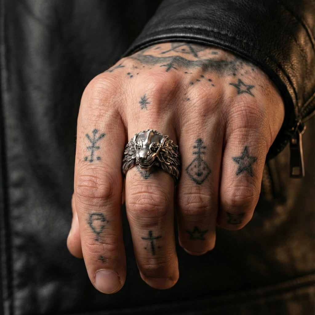 A close-up of a person's hand with multiple tattoos on the fingers, wearing a ring with a wolf head design.